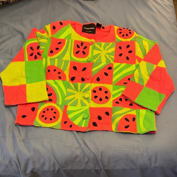 Michael Simon Sweaters - VINTAGE Michael Simon Sweater with Watermelon Pattern - Green and Pink